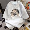 Cotton Cat Print Summer Short-sleeved T-shirt Women's Loose Casual and Thin Versatile Crew Neck Couple Heavy Ins