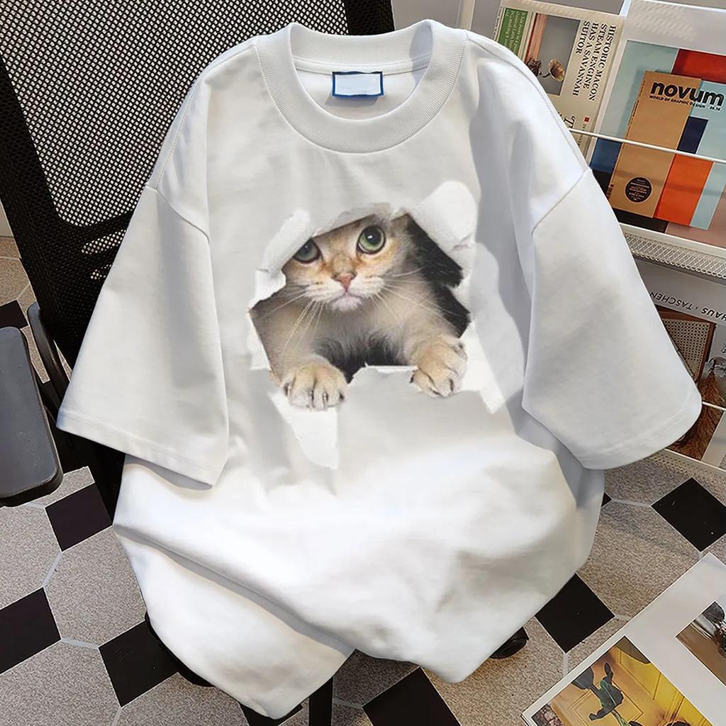 Cotton Cat Print Summer Short-sleeved T-shirt Women's Loose Casual and Thin Versatile Crew Neck Couple Heavy Ins