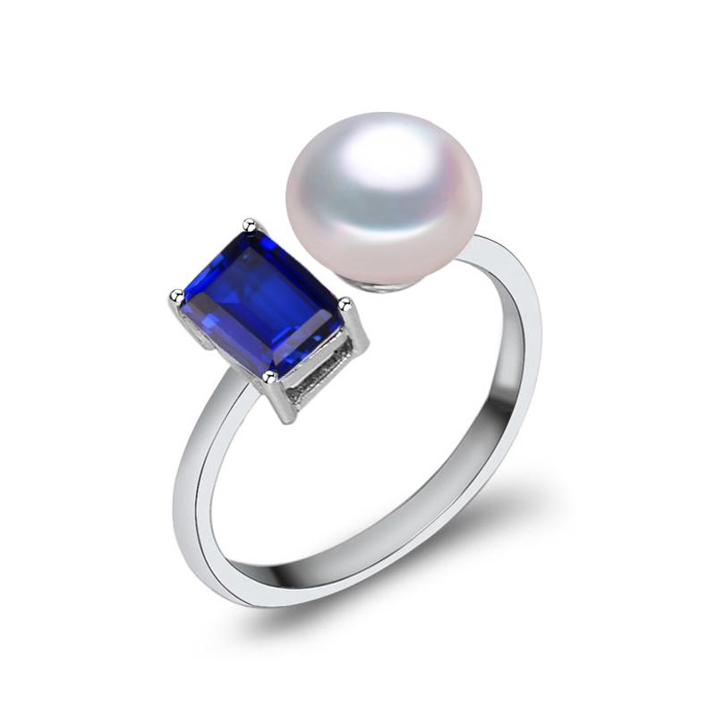 

LSOOYH кольца с натуральным пресноводным жемчугом для женщин, модное кольцо в стиле бохо с синим кристаллом, ювелирные изделия с жемчугом Resizable белый