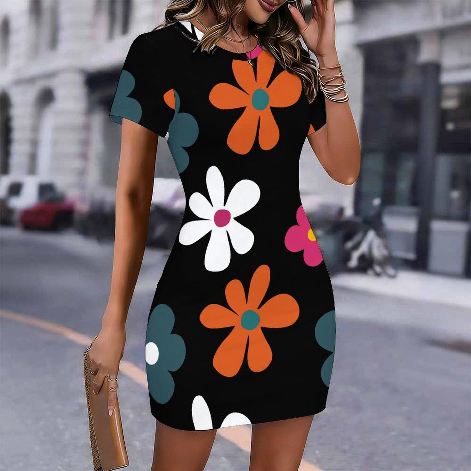 

Fashion Womens Loose Floral Pattern Print O Neck Short Sleeve Loose Streetwear A-line Dress XXL помаранчевий