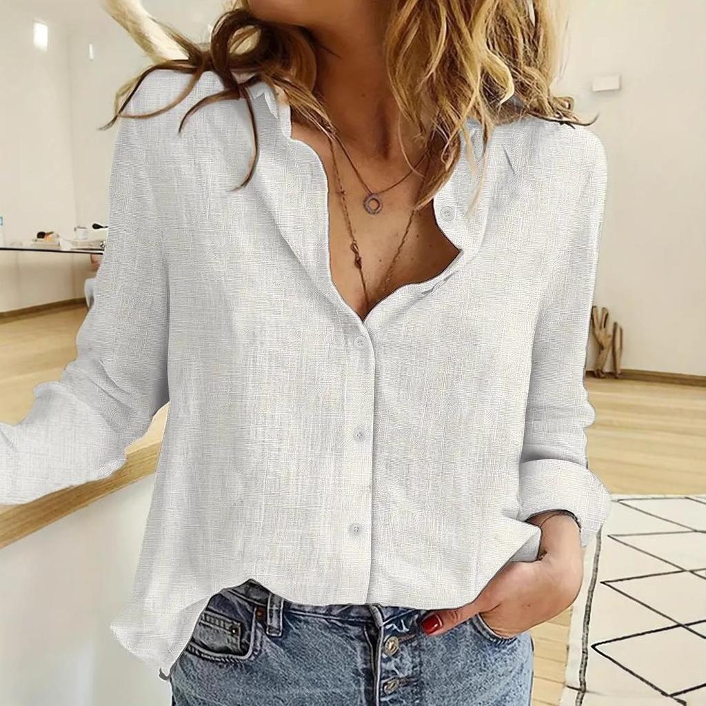 Women's Spring Summer Linen Blouse Solid Color Long Sleeve Button Down Lapel Casual Commuter Loose Fit Shirt Top