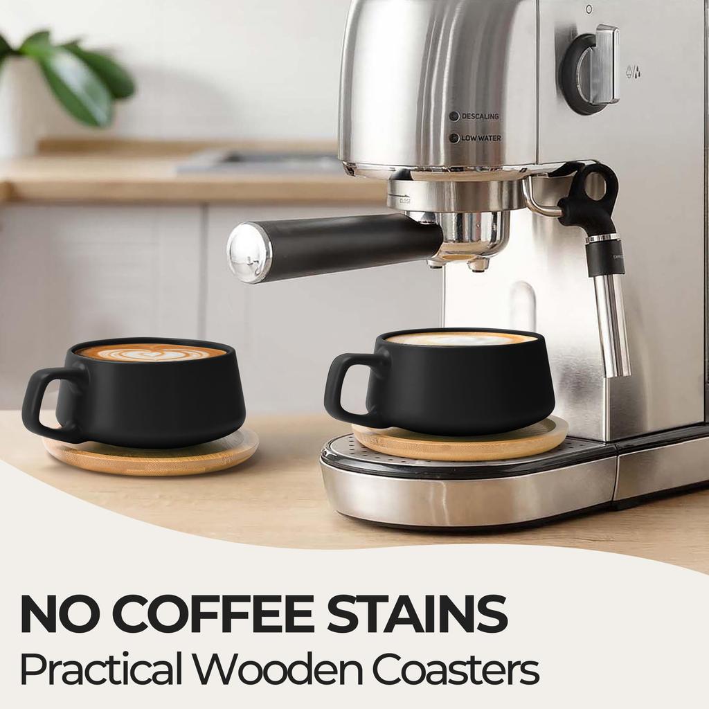 MIAMIO Coffee Cup Saucer Set x Elegant and Modern Stoneware Coffee Set of Luxe Collection - & (320ml 4) - Mugs, 4, (Black)