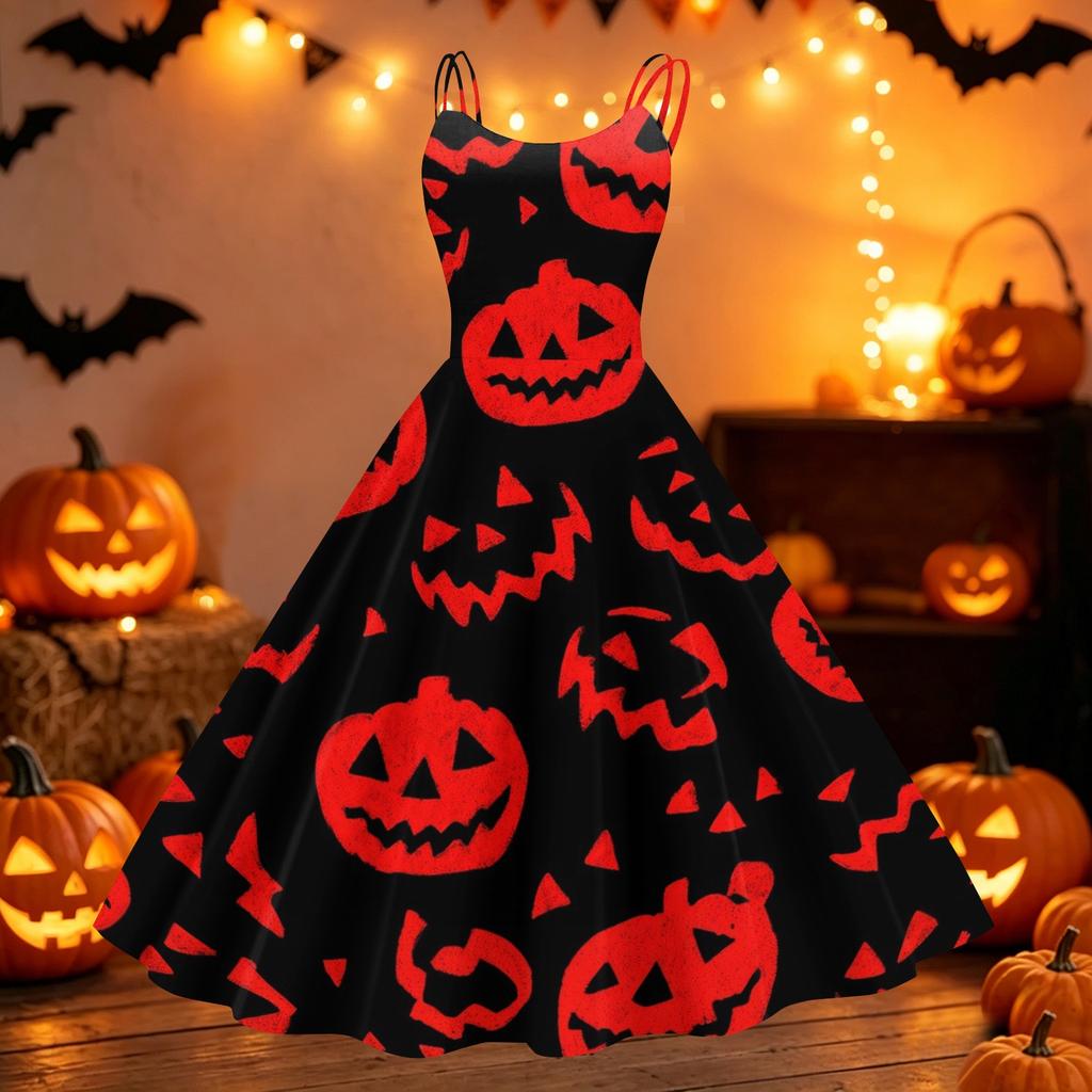 Women Halloween Printed Off Shoulder Punk Vintage Dress Sleeveless Spaghetti Strap A-Line Midi Dress