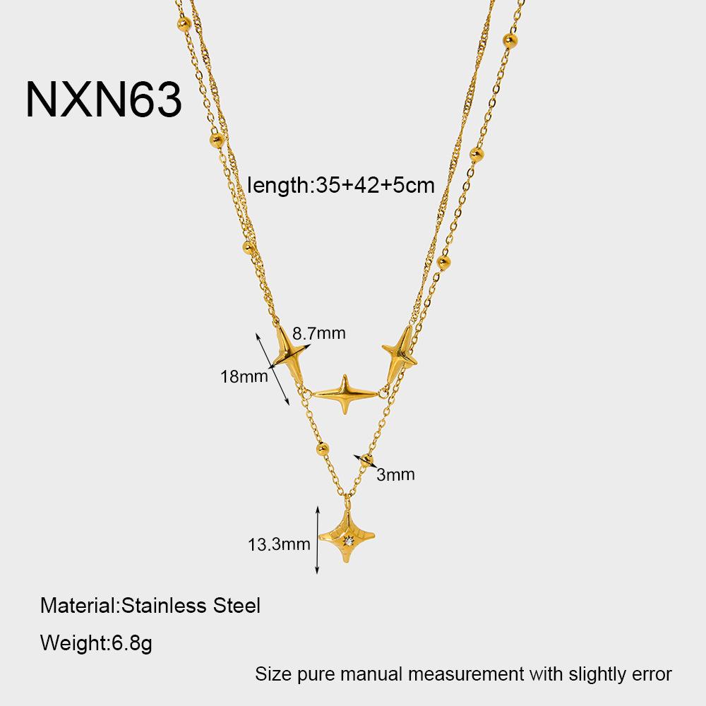 ins personalized light luxury tetragonal star clip bead chain double-layer necklace 18K stainless steel waterproof collarbone chain jewelry women