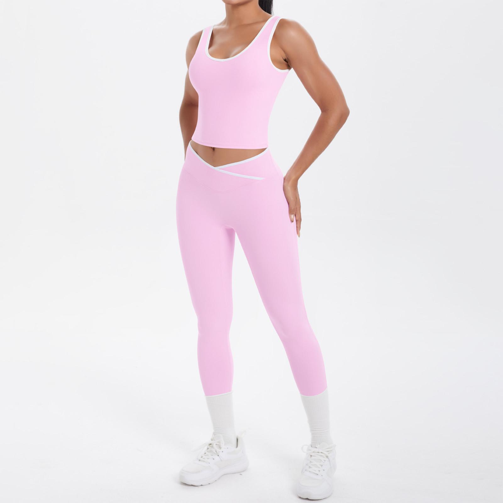 

Ladies Fashionable Double-sided Brushed Contrasting Color Tight And Breathable Cross Yoga Suit Set, Sports Running Fitness Two-piece Set S рожевий