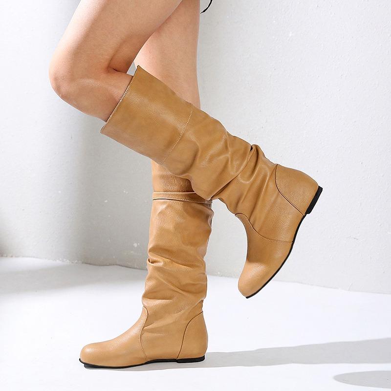 Large Size Flat Bottom Inner Height Increasing Women's Boots Women's High Boots Solid Color Folded High Leather Boots