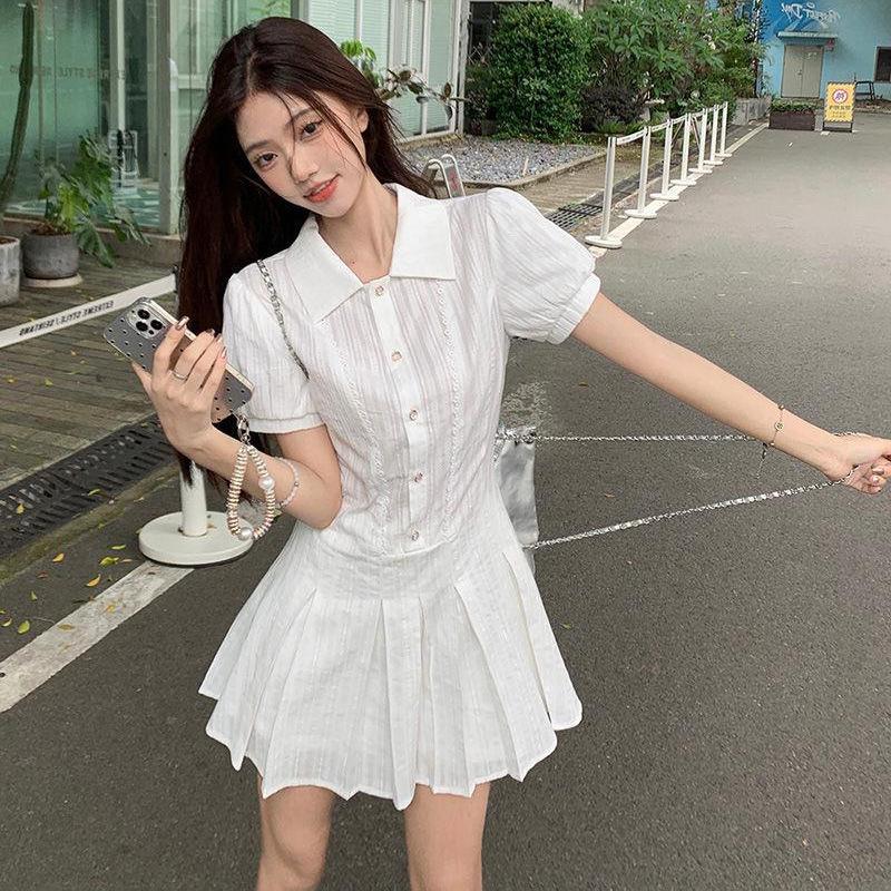 2026 new college style lapel white dress women's a-word skirt summer sweet and thin skirt