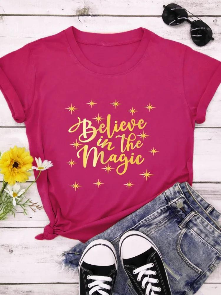 Believe In The Magic Golden Letter Print T Shirt Women Short Sleeve O Neck Loose Tshirt Women Causal Tee Shirt Tops Mujer