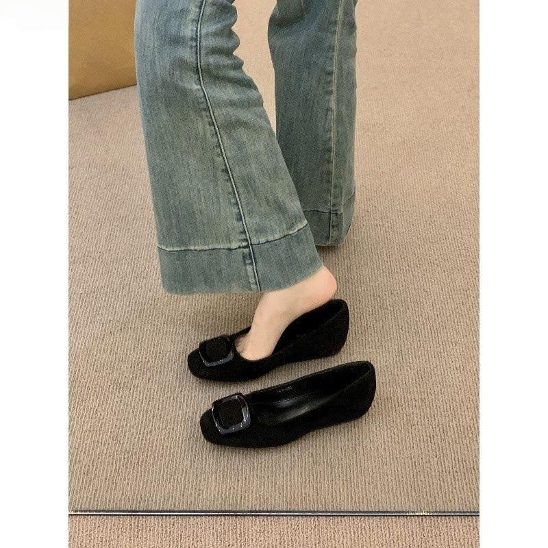 Inner height increase 4CM retro black square buckle single shoes one pedal commuter ladyshoes