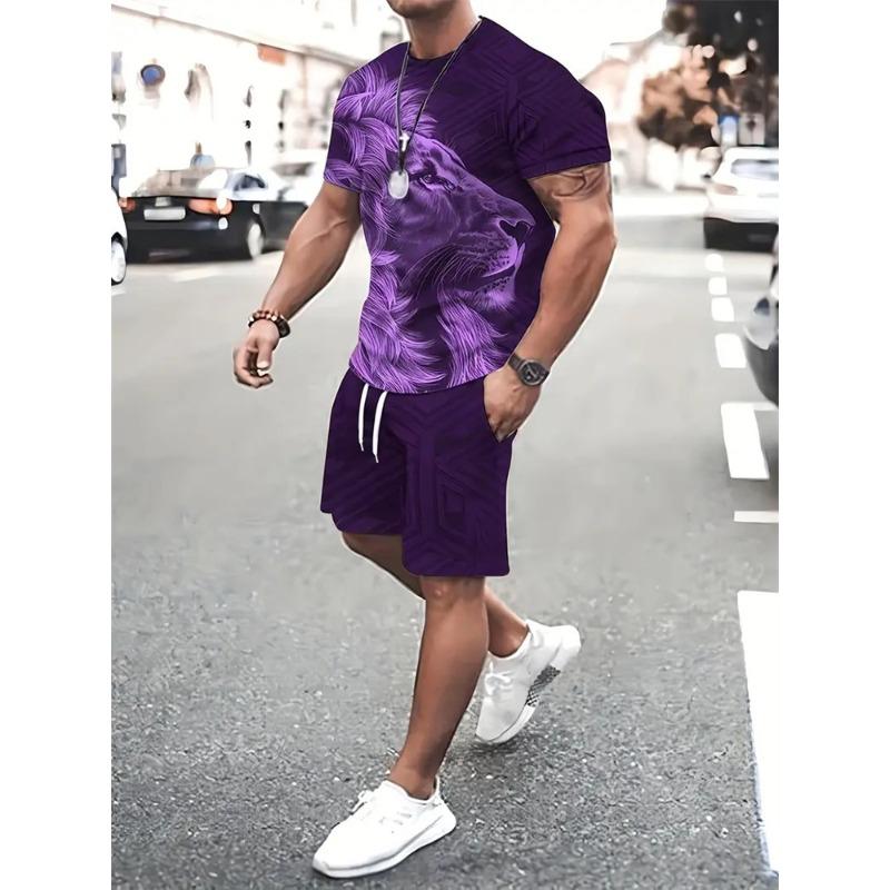 Sommer Herren Löwenmuster Kurzarm Rundhals Atmungsaktives T-Shirt Shorts Anzug Neuer Herren Temperament Streetwear Anzug