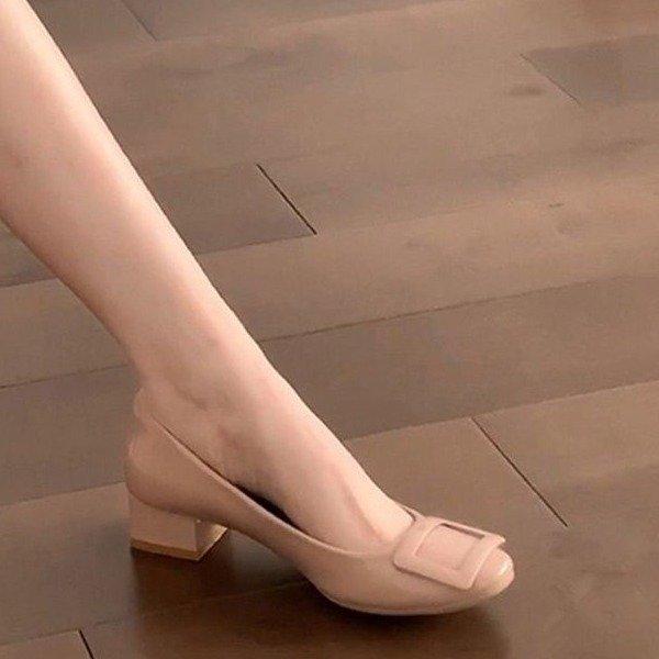 Popular square buckle shallow single shoes women's thick heel 2025 spring new French temperament square head medium heel commuter high heels