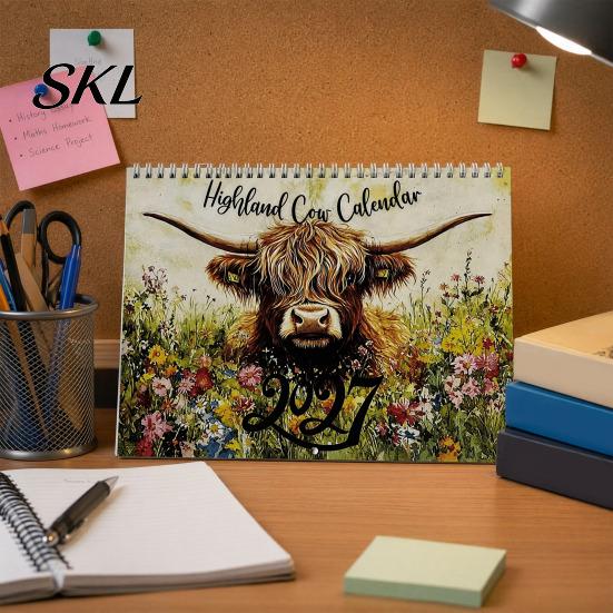 Professional Planning Calendar Highland Cow 2027, 12 Month Wall Hanging Planner with Decorative Desk Large Daily Blocks, Home Office Organizer, Lover