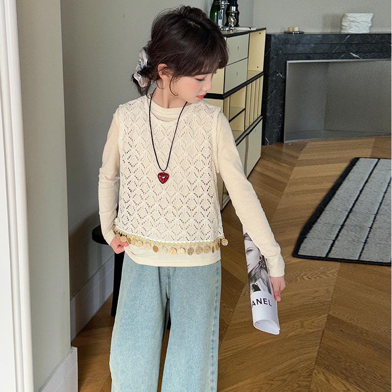 

Модный комплект-двойка для девочек 2025: Полый жилет и брюки широкого кроя для весны/осени 120 cm