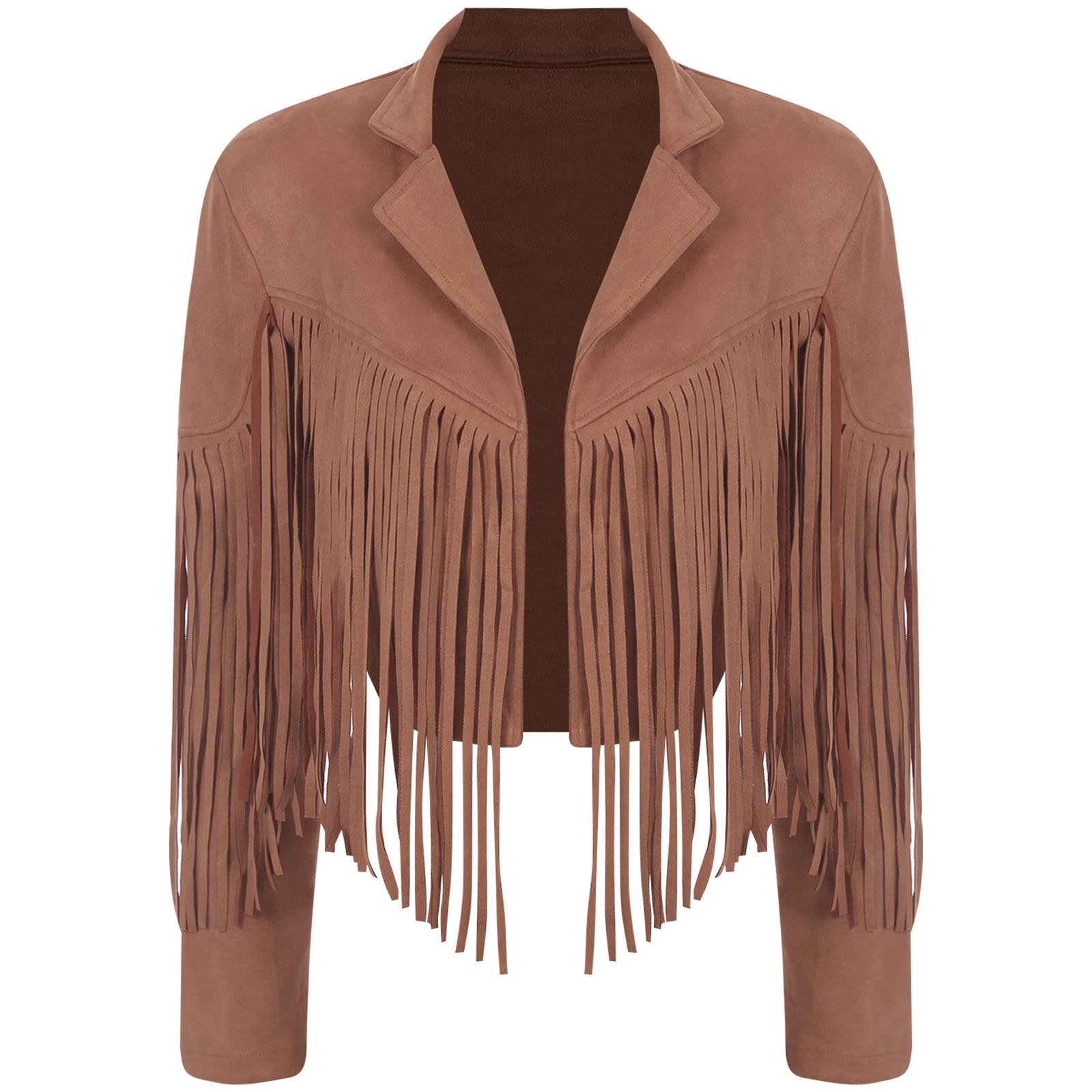 

Жіноча укорочена куртка з бахромою, лацканами зі штучної замші, відкрита спереду, у стилі 80-х, хіпі, ковбойка S