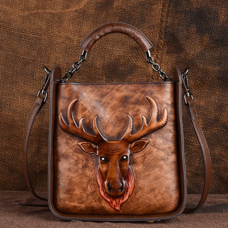 First Layer Cowhide Leather Retro High-end Trend Export European and American Hand-held Diagonal Cross Bag Women's Bucket Bag