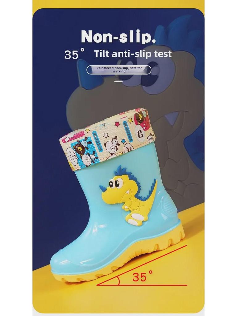 Cizme de ploaie cu dinozauri pentru copii: Pantofi de apă drăguți cu tub mediu și căptușeală de catifea pentru băieți și fete.
