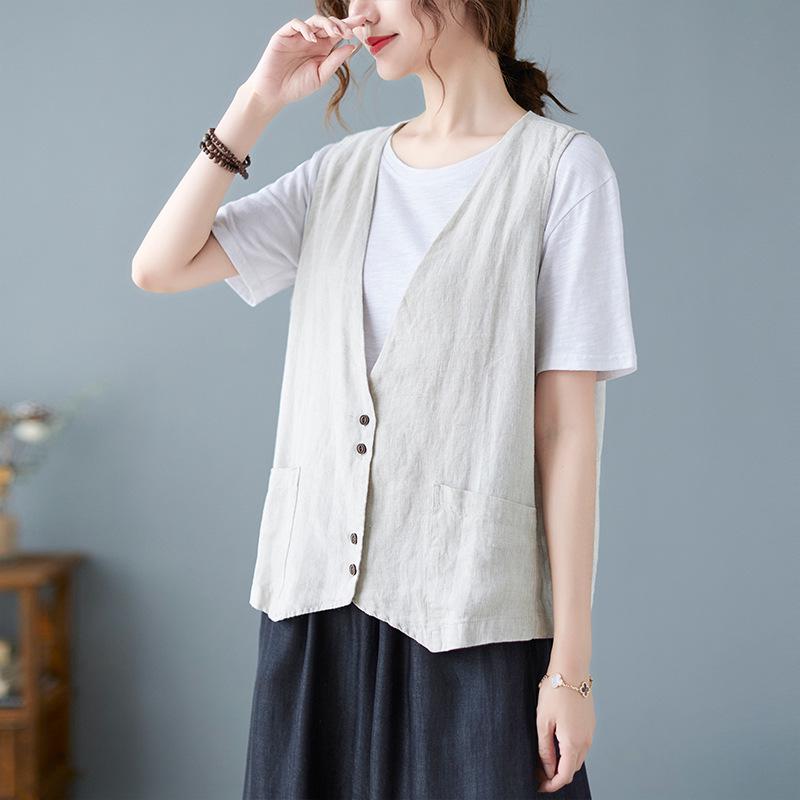 2026 Summer Women's Solid Color Sleeveless Cotton Linen V-Neck Vest