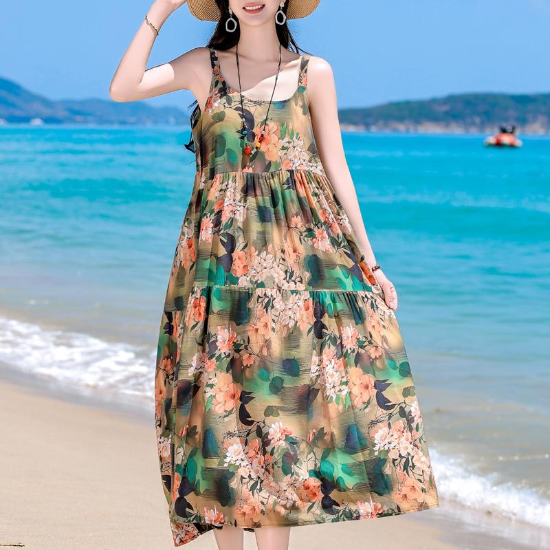 Elegant Sling Dress for Women Plus Size Casual Summer Long Dress Vintage Middle-aged Women's Clothing