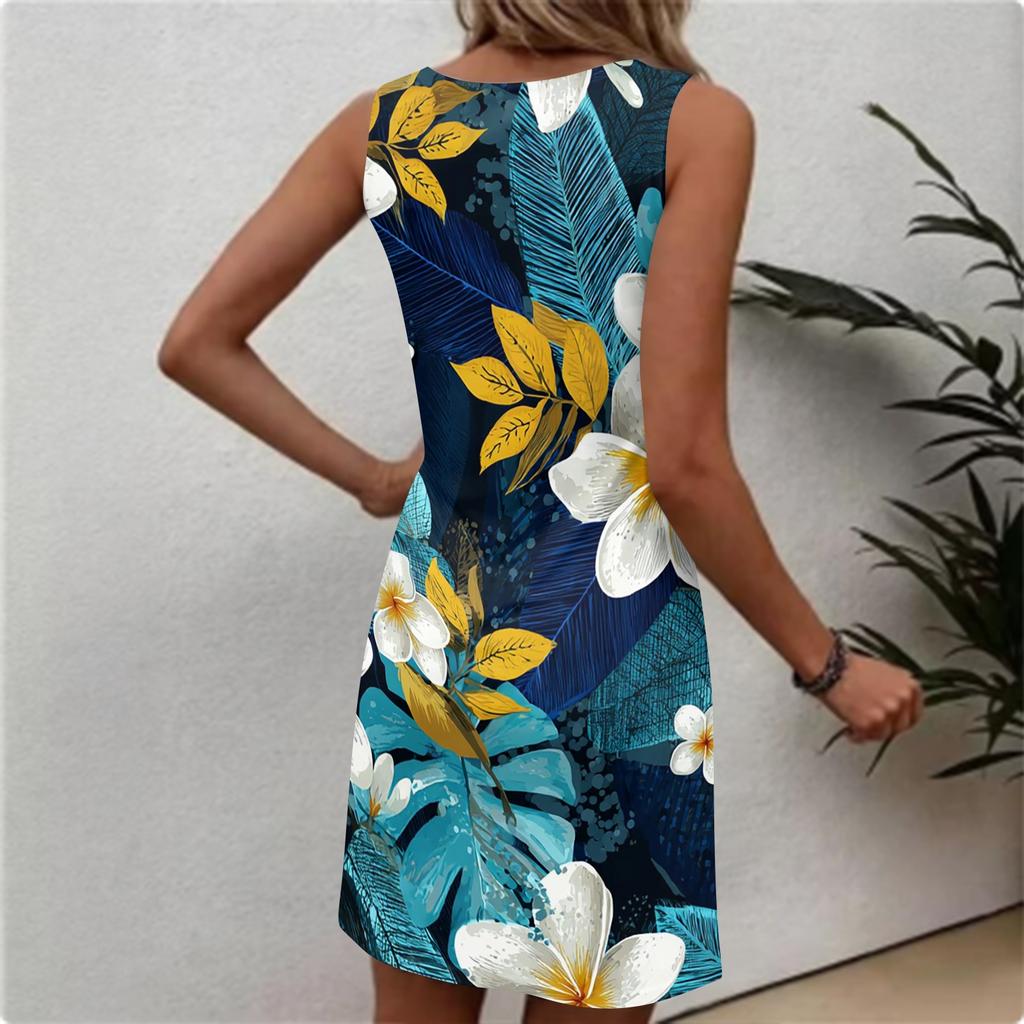 Women's Fashionable Casual Hawaiian Print Round Neck Sleeveless Dress