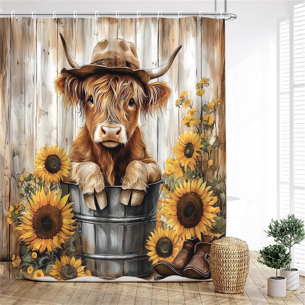 Brown Highland Cattle Shower Curtain Funny Farm Animals Sunset Rustic Flowers Scenery Fabric Bathroom Curtains Decor With Hooks