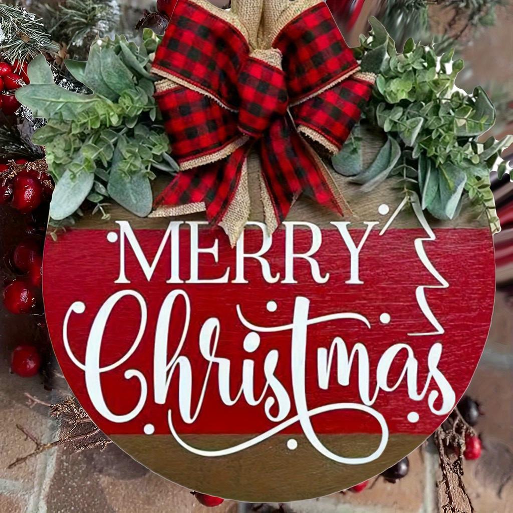 1pc Rustic Wooden Round Door Hanger - Merry Christmas Plaid Bow Sign, Perfect for Farmhouse Home & Porch Decor decoracion