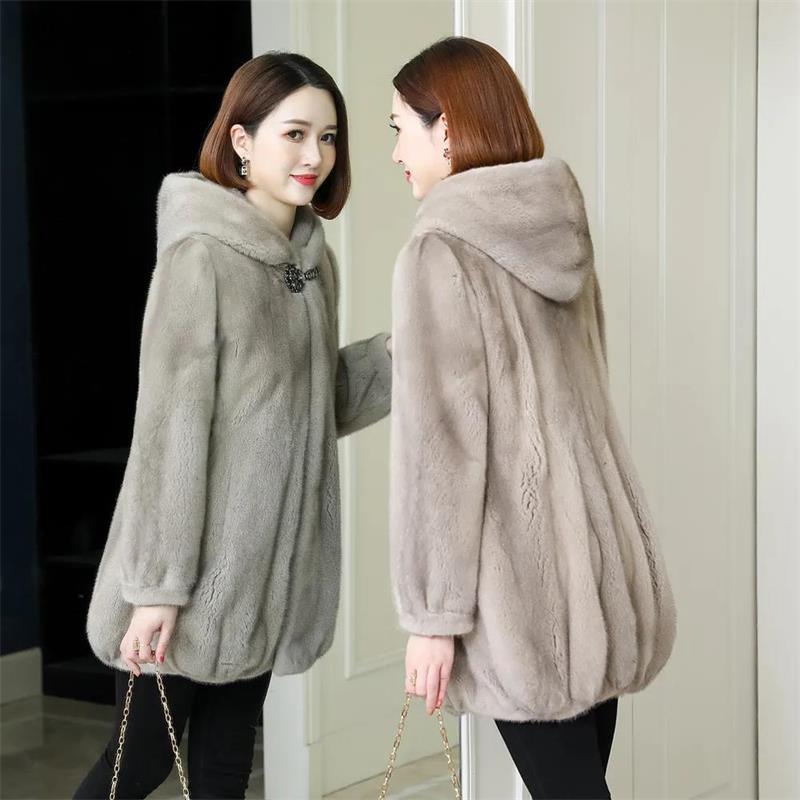 2026 Women's Mid-Length Hooded Faux Mink Fur Coat