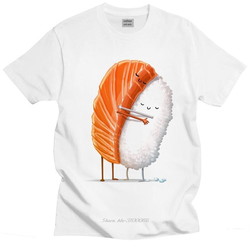 Cute Sushi Hug T Shirt Men Pure Cotton Cartoon Japanese Food Tee Streetwear Fashion Top Short-Sleeve Novelty Graphic Tshirt Gift