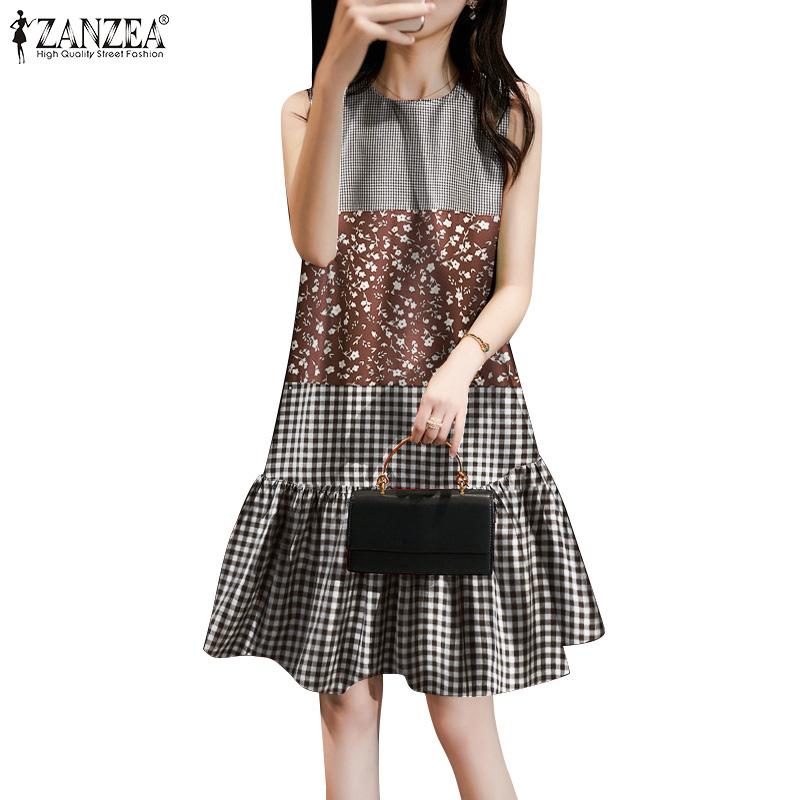 ZANZEA Women Floral Print Patchwork Summer Sleeveless Plaid Dress