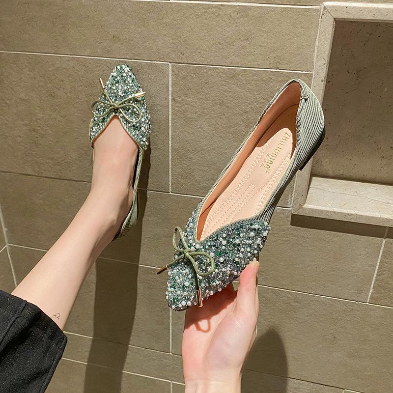 Größe paillettenbesetzte Einzelschuhe Damen neu spitze Zehen flacher Ausschnitt flache Schuhe Damenschuhe große Größe Damenschuhe eins