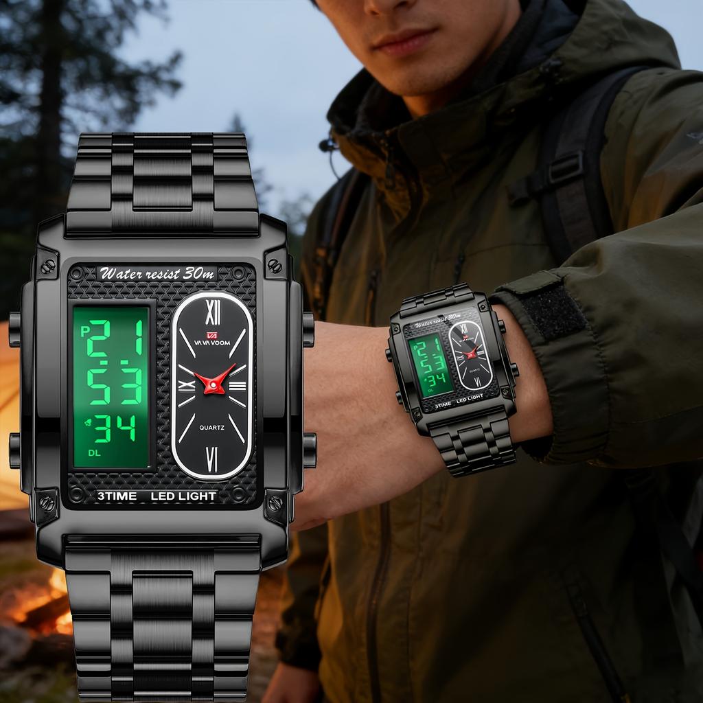 VA VA VOOM Men Watch Men’s Digital Watches with Dual-movement Display, Electronic Display + Analog Display,Stainless Steel Luminous Alarm Wristwatch