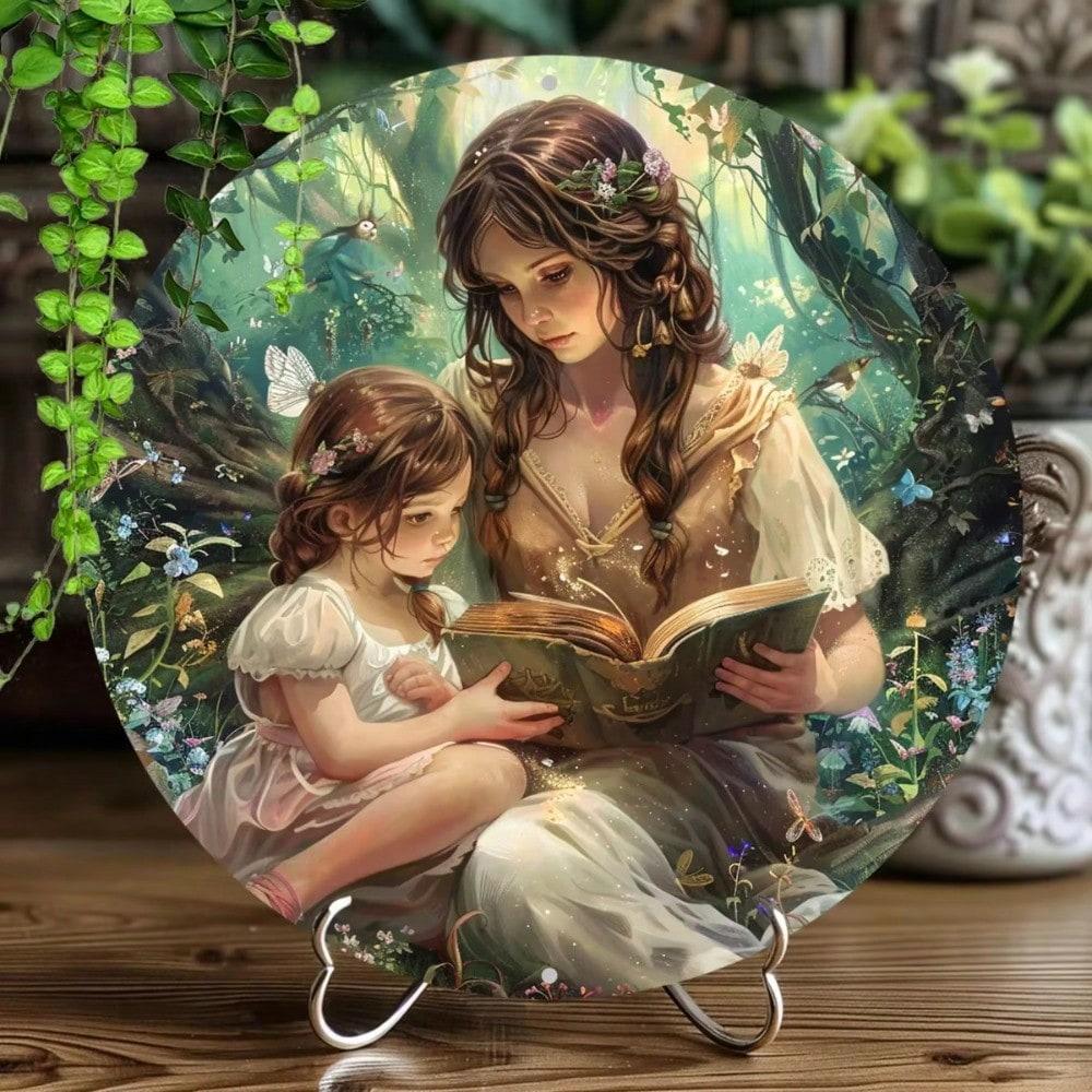 Metal Wall Art Mother Child Reading Forest Butterfly Kids Nursery Decor Halloween Christmas Gift 20x20