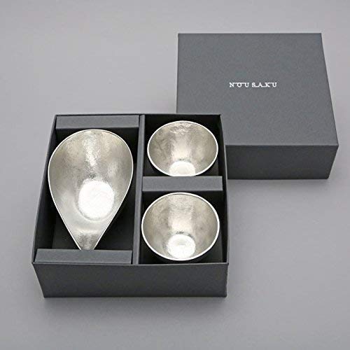 [Handicraft Club Red Ribbon and Washi Paper Wrapping] Nousaku Medium Sake Pitcher (1 Piece) and Tin Sake Cups (Set of 2) KM1=G2