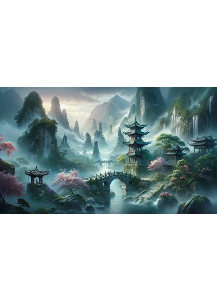 5D DIY Diamant gemalt Landschaft Mond kleine Brücke fließendes Wasser Pavillon Mosaik Stickerei Landschaft Home Dekoration