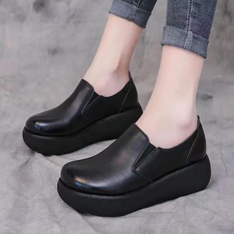 Soft Leather Wedge Heel Round Toe Deep Mouth Single Shoes Women's Four Seasons Waterproof Platform Non-slip Wear-resistant Work Women's Shoes
