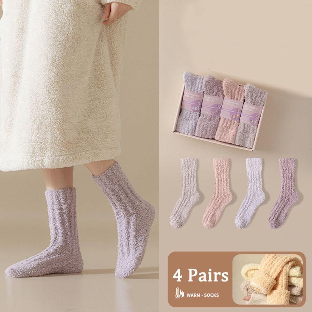 4Pairs Sleeping Floor Plush Socks Winter Mid Tube Socks Women Kawaii Coral Fleece Socks  Autumn