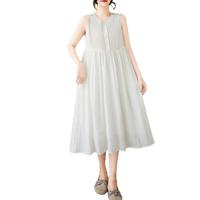 Fashion Fan Solid Color Cotton and Linen Dress Women's 2025 Summer New Crew Neck Sleeveless Pleated Temperament Medium and Long Dress