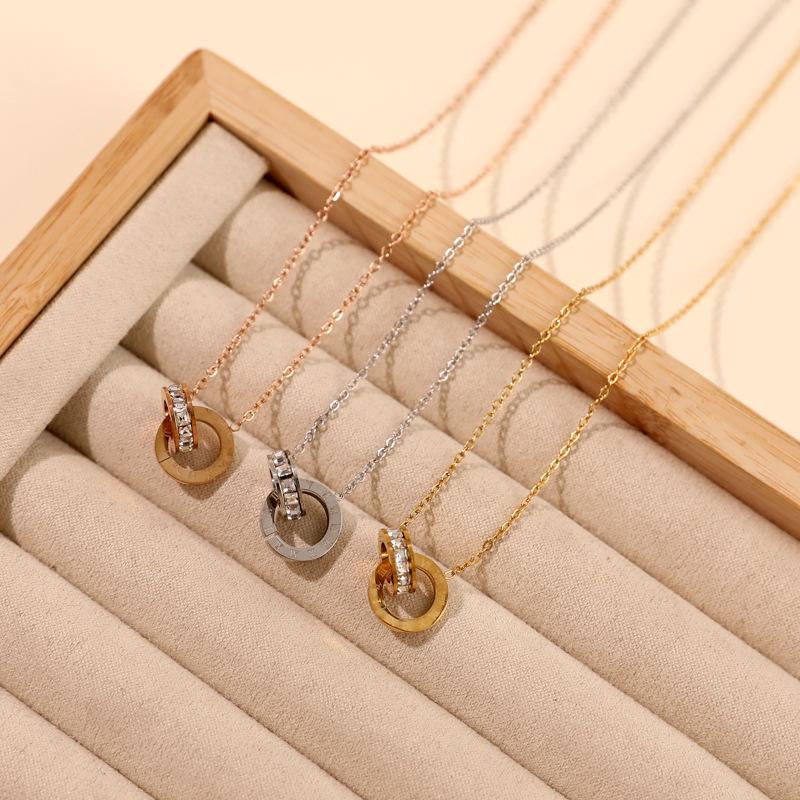 

Women s Rose Gold Zircon Double Ring Necklace - Japanese & Korean Style