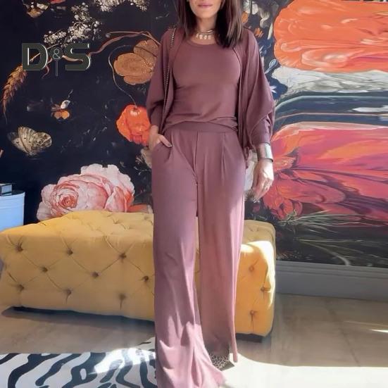 3 Pcs/Set Women Vest Coat Pants Suit Round Neck Sleeveless Solid Color Blouse Elastic Waist Wide Leg Trousers Daily Wear Sport Outfit Fall Spring