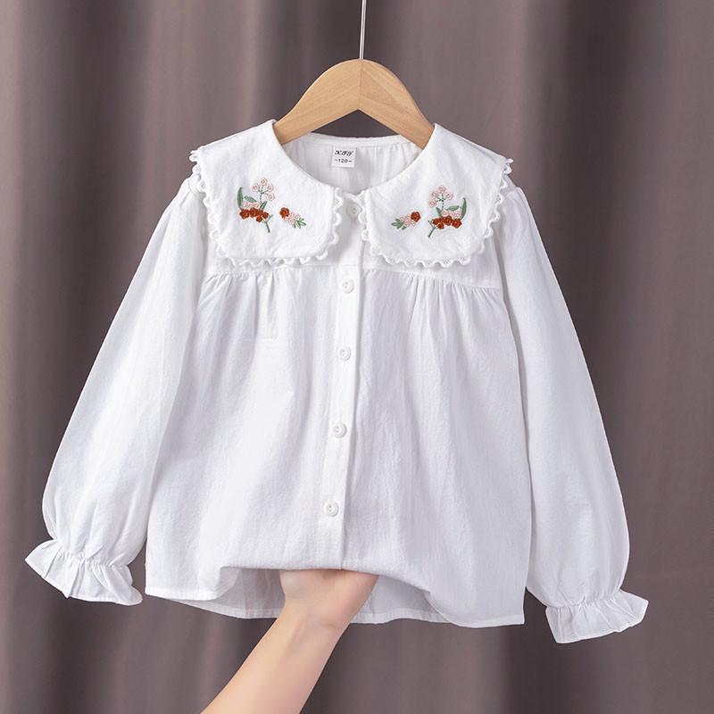 2024 Spring/Autumn Girls' White Cotton Shirt, Turn-Down Collar, Fashionable Student Top