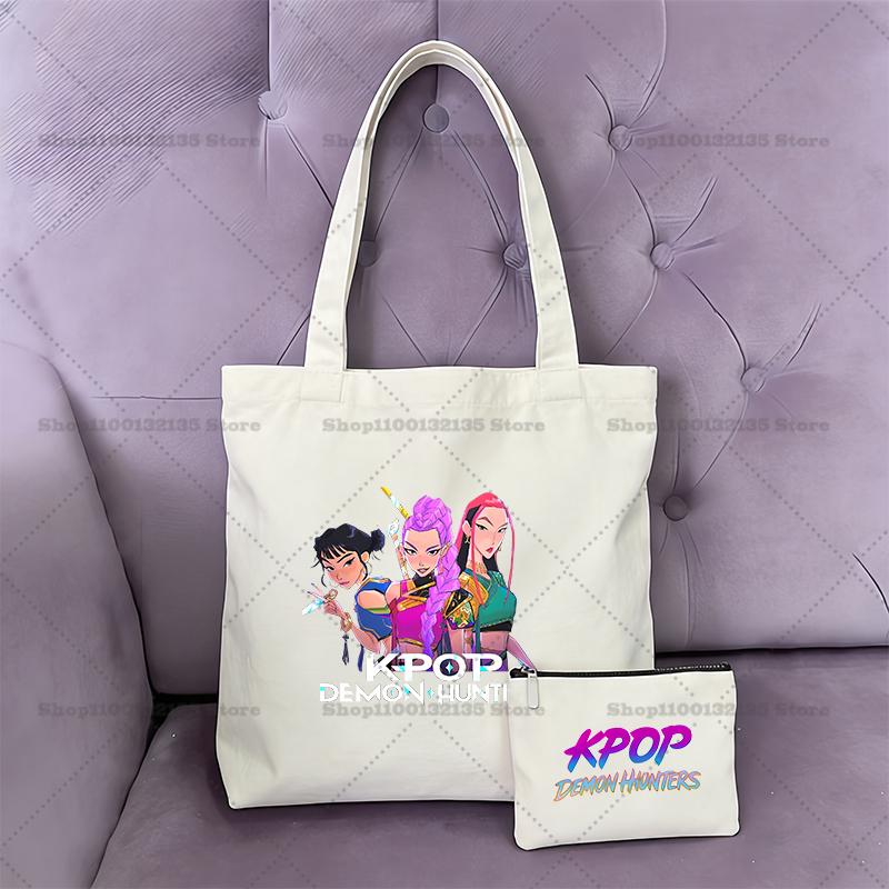 2pcs KPop Demon Hunter Handbag Coin Purse Girl Bag Shopping Canvas Shopper Tote Wallet Shoulder Lady Bags Women Gift Kid Friendly Entertaining Fun