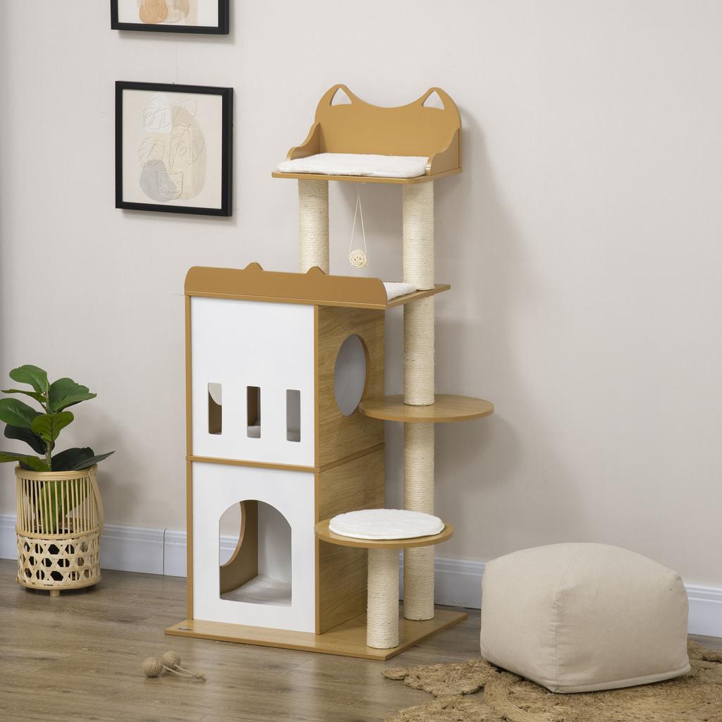 MDF Cat Tree with Cat Scratching Post, 2 Cat Houses, Perches and Play Ball, 60x48x133 cm