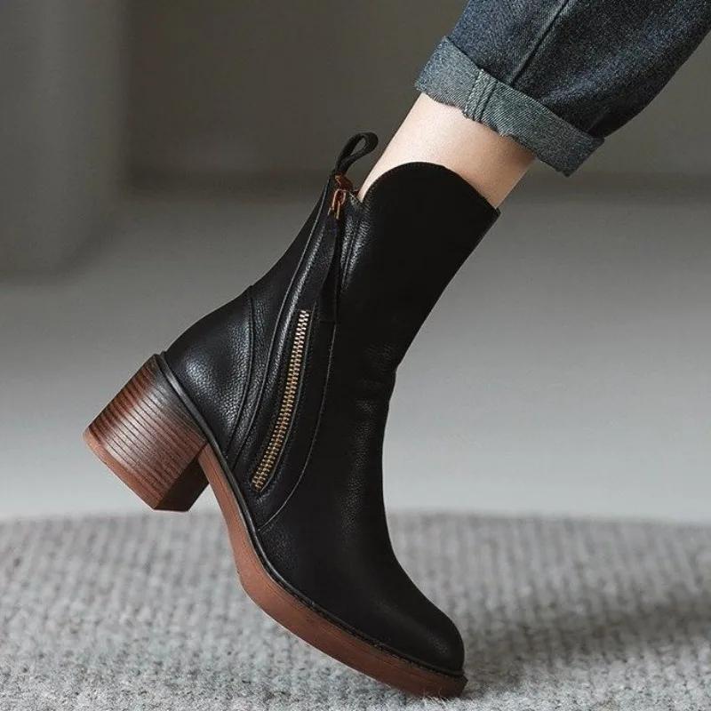Retro Style Mid Tube Side Zippered  Boots, New Autumn 2024 Thick Heeled Women's Boots Zapatos De Mujer