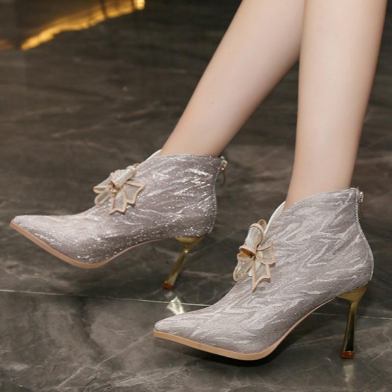 Fashion Autumn New Thin Heel Single Boots Women's Fashion Pointy Rhinester Butterfly Knot Temperament Short Leg High Heels