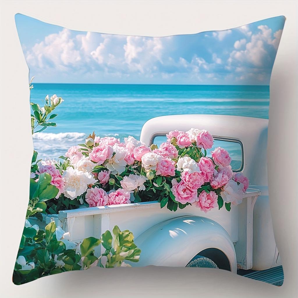 Beach Scenes With Flowers Printed Decorative Cushions Polyester pillowcase, sofa decorative cushion cov Headboard Pillow