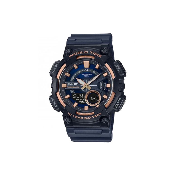 Casio Youth Series Round Dual Display Ten Year Power Trend Color Block Dual Display Quartz Movement Watch Men Watches Black AEQ-110W-2A3 Regular Watch Box,Black Watch Case