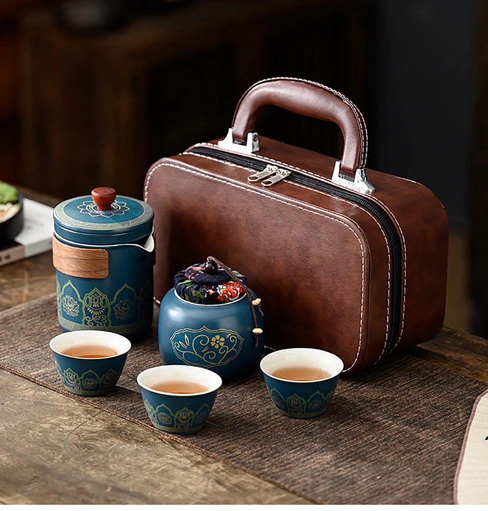 Travel Tea Set Portable Kung Fu Tea Set Ceramic Teapot Tea Canister Tea Cup Outdoor Quick Cup Tea Canister Leather Bag Packing