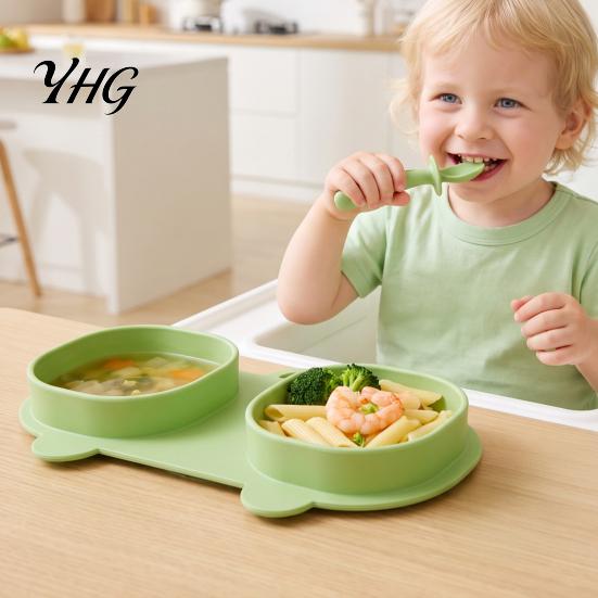 Silicone Suction Placemat Baby Foldable Dinner Plates with Fork And Spoon, Easy Clean Toddler Food Tray Travel Feeding Essentials, Divided Set