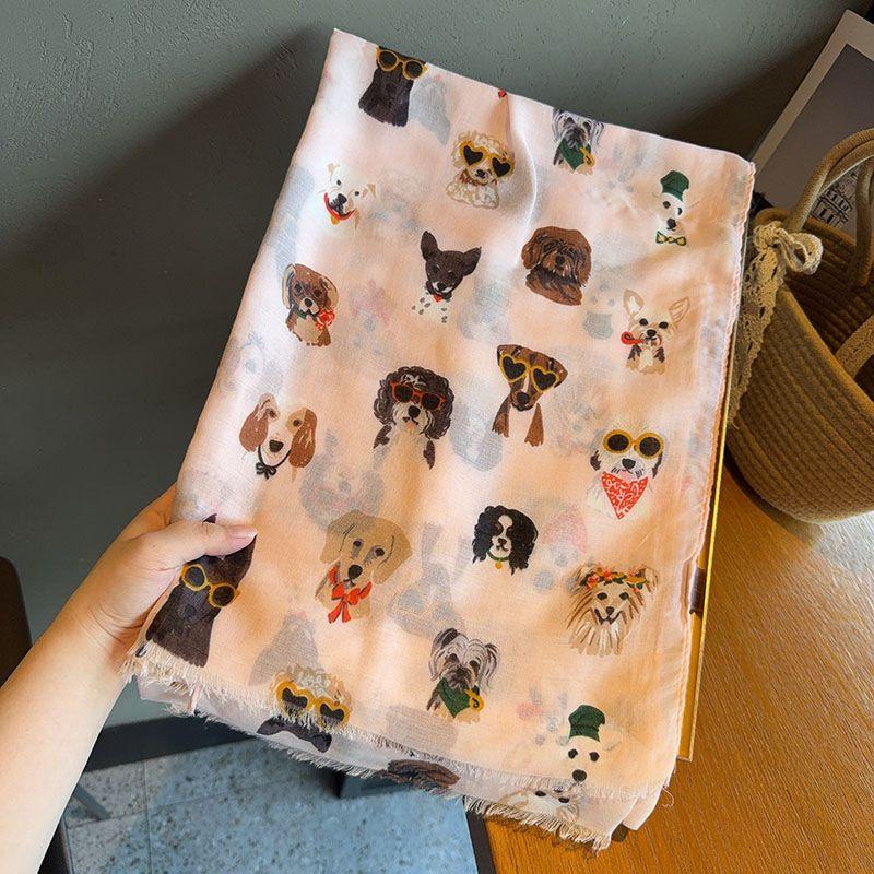 Stylish Dog Print Scarf with Fashion Glasses Design Lightweight Cotton Viscose, Breathable & Windproof for Spring/Autumn Travel