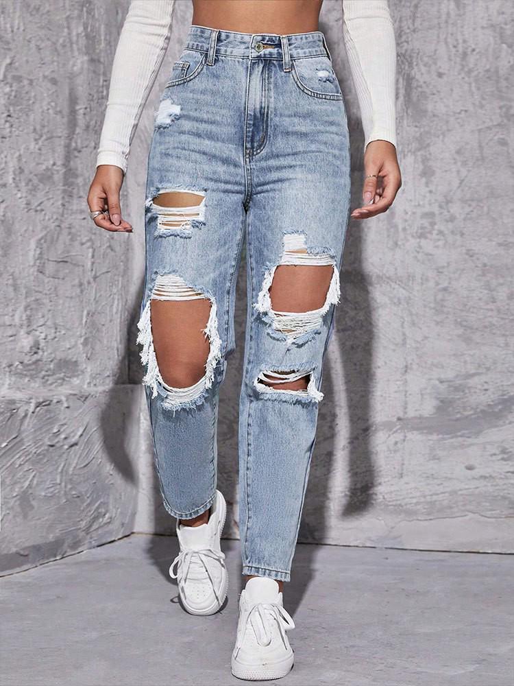 Jeans strappati da donna - Nuova tendenza europea americana, Lavati, Casual, Versatili, Elasticizzati, Larghi, Gamba dritta