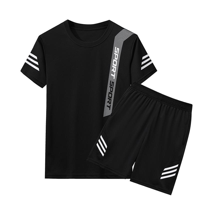 

Спортивный костюм мужской летний фитнес с коротким рукавом мужская футболка быстросохнущая одежда для бега свободная повседневная спортивная одежда большого размера L чёрный